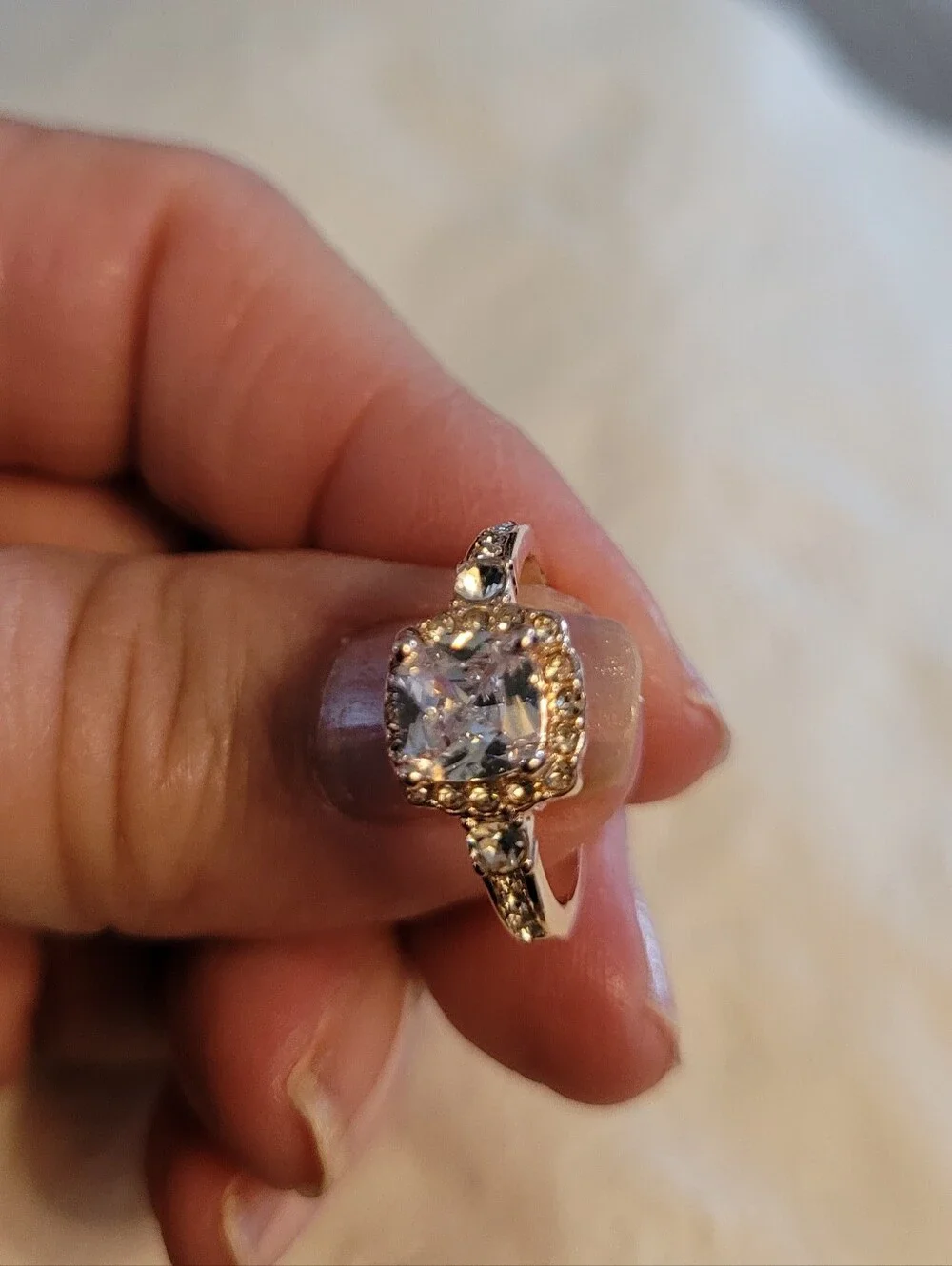 Silver/Gold Tone CZ Cocktail Ring with Crystals - Size 6